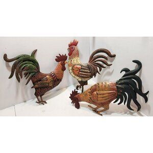 Metal French Country Roosters Wall Decor Colorful Set of 3 Different Poses